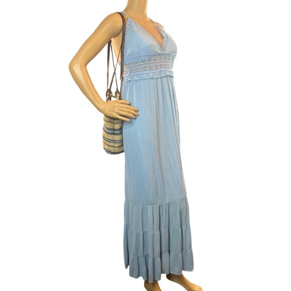 Womens Plunge Gauzy Maxi Dress Medium Baby Blue Crochet Lagenlook Boho - Picture 5 of 8